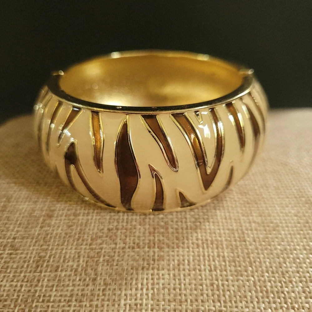 Gold Cream Zebra Enamel Hinged Bangle Bracelet Statement Jewelry 7in Mob Wife